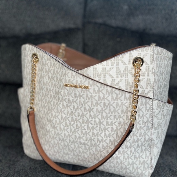 Michael Kors Large Tote Purse cream/brown/gold - Picture 1 of 10
